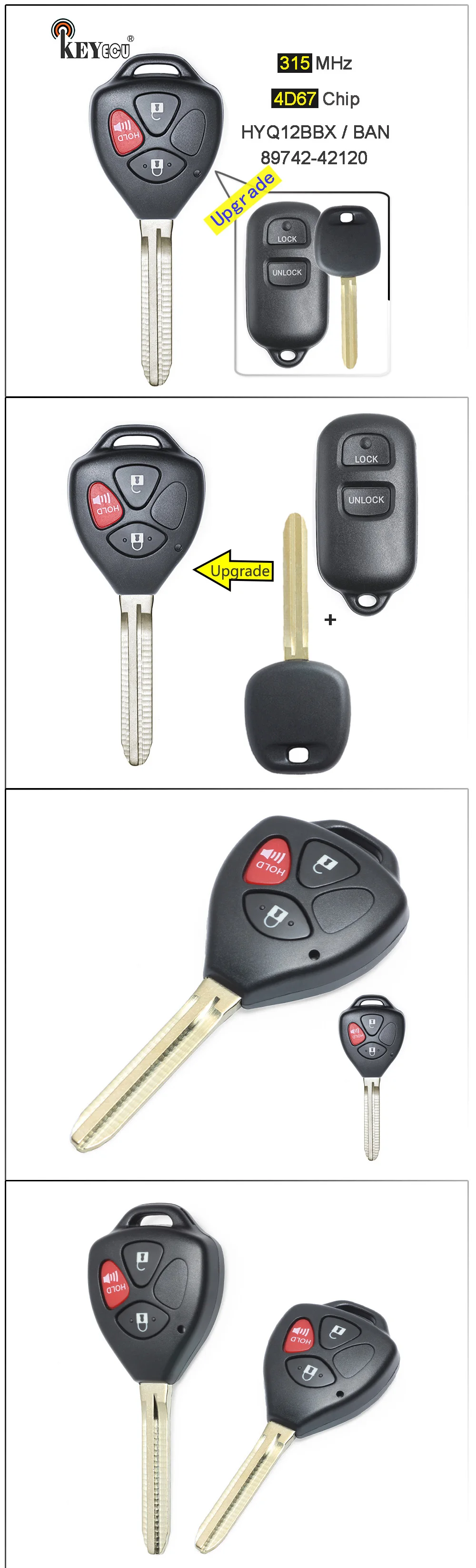 Keyforkess 315MHz 4D67 Chip FCC: HYQ12BBX HYQ12BAN Aggiornato di Vibrazione 2 1 3 Tasto Chiave A Distanza Fob per Toyota Celica Echo FJ Cruiser Prius -