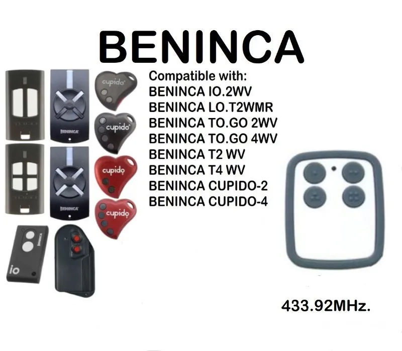 

BENINCA LO.T2WMS, T2WK/T4WK, TO.GO2WP/TO.GO4WP Compatible Remote Control Rolling code 433.92MHz