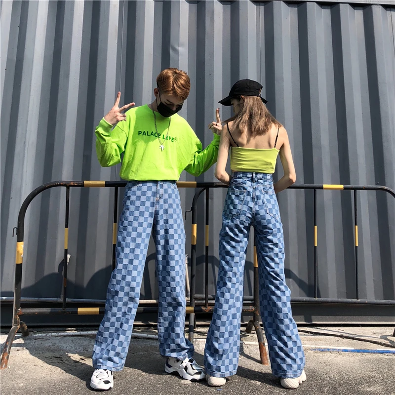 Woherb Jeans Woman Plaid Pants Hip Hop New Female Wide Leg Pants Fashion Harajuku BF Vintage High Waist Denim Pants 22706