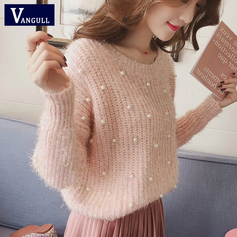Vangull Pearl Beading O Neck Sweater Sweet Women Pullovers Knit Jumper Long Sleeve Casual Solid Sweater Pull Femme Autumn 2019