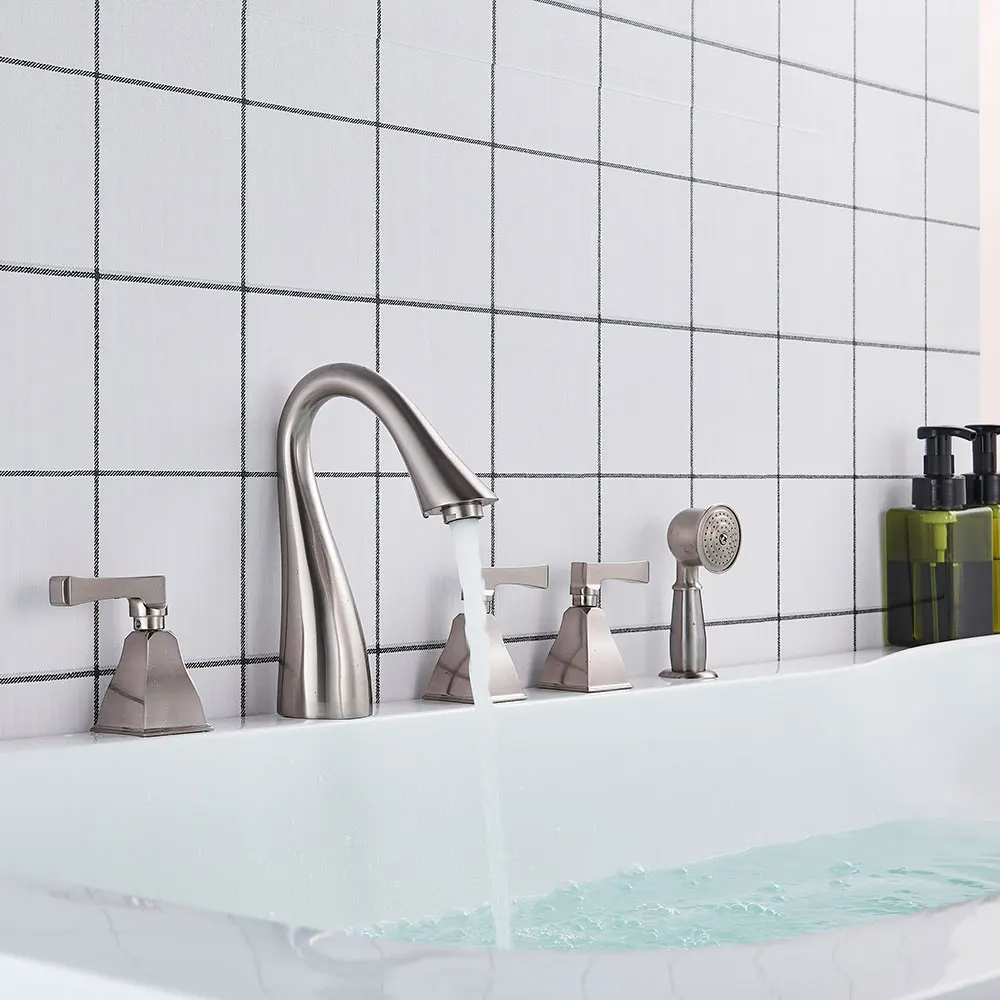 Chrome Deck Mounted Bathtub Mixer Tap With Shower Handheld Faucet Set--5Pcs 