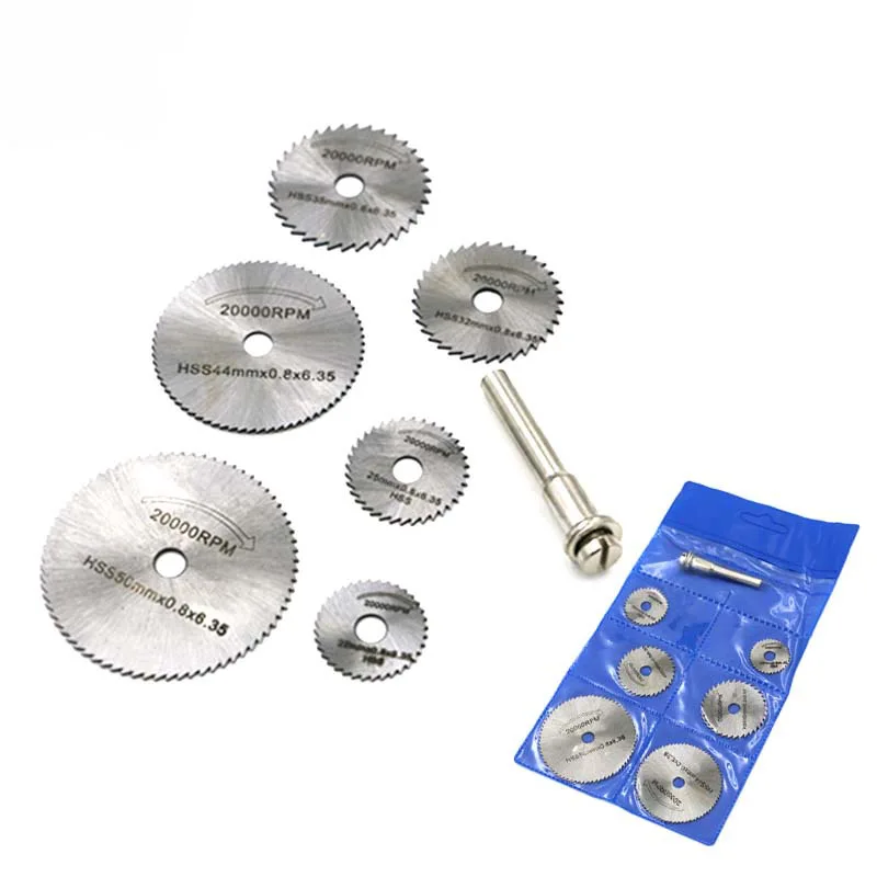 7PCS Cutting Discs Mandrel HSS Rotary Circular Saw Blades Tool  Cutoff Accessory