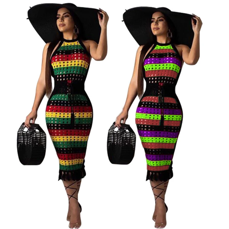 Liva فتاة النساء Bodycon اللباس 2019 نكهة شيك مزاجه اللون خليط شنقا س الرقبة الخصر رقيقة اللباس فتاة