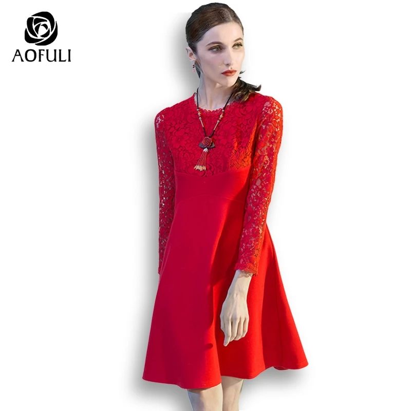 

SML~ 4XL 5XL Sexy Hollow Out Floral Lace Dress Long Sleeve High Waist A-line Red Dress Plus Size Womens Clothing AOFULI 9031