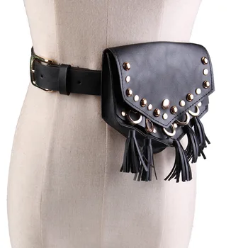 

2018 New Belt Women Fashion Tide Black Tassels Rivet Decoration Stitch Simple All-match Mini-bag Belt Dual Use