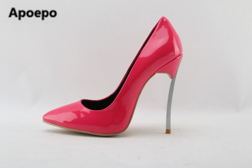 

Newest brand zapatos de mujer de moda red Patent leather shoes metal heel high heels pump shoes women sexy pointed toe stiletto