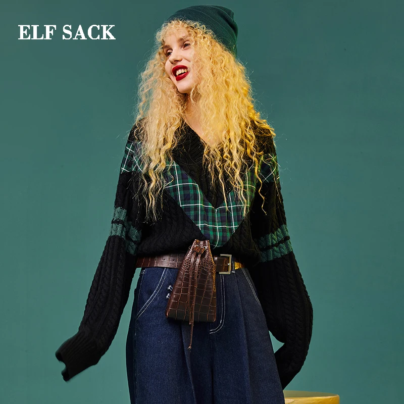 ELF SACK Winter Warm Woman New Sweater Casual Full V-Neck Women Pullovers Color Patchwork Stylish Femme Hand Knitted | Женская одежда