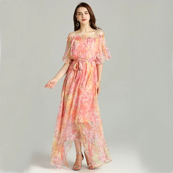

YSMILE Y Women Print Casual Holiday Beach Dress Ankle-Length Slim Thin Dress Slash Neck Female Personality Tie Up Dress For Lady