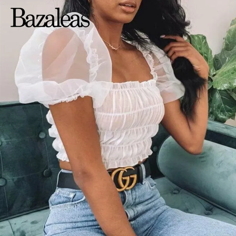

Bazaleas Fashion Mesh Puff Sleeve Patchwork blusas Vintage White womens tops and blouses Chic Elastic blusa feminina Drop ship