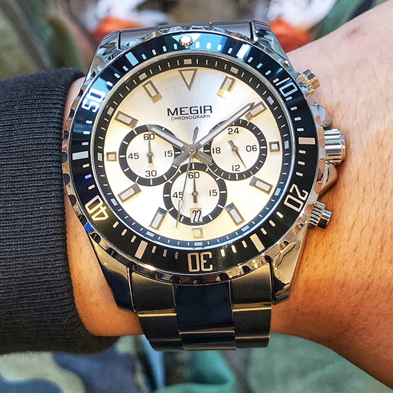MEGIR Luxury Brand Business Quartz Men Wristwatch Full Steel Chronograph Waterproof Military Watch