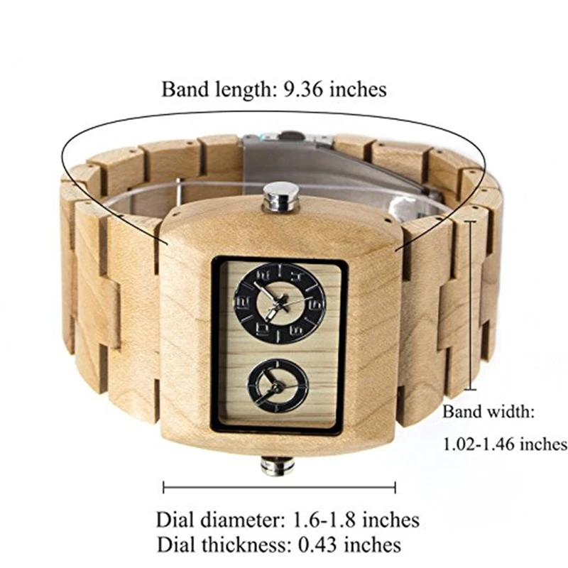 BEWELL Fashion Mens Wooden Watch Sub-dial Rectangle Dial Dual Time Zone Sport Quartz Wrist Watches 021C