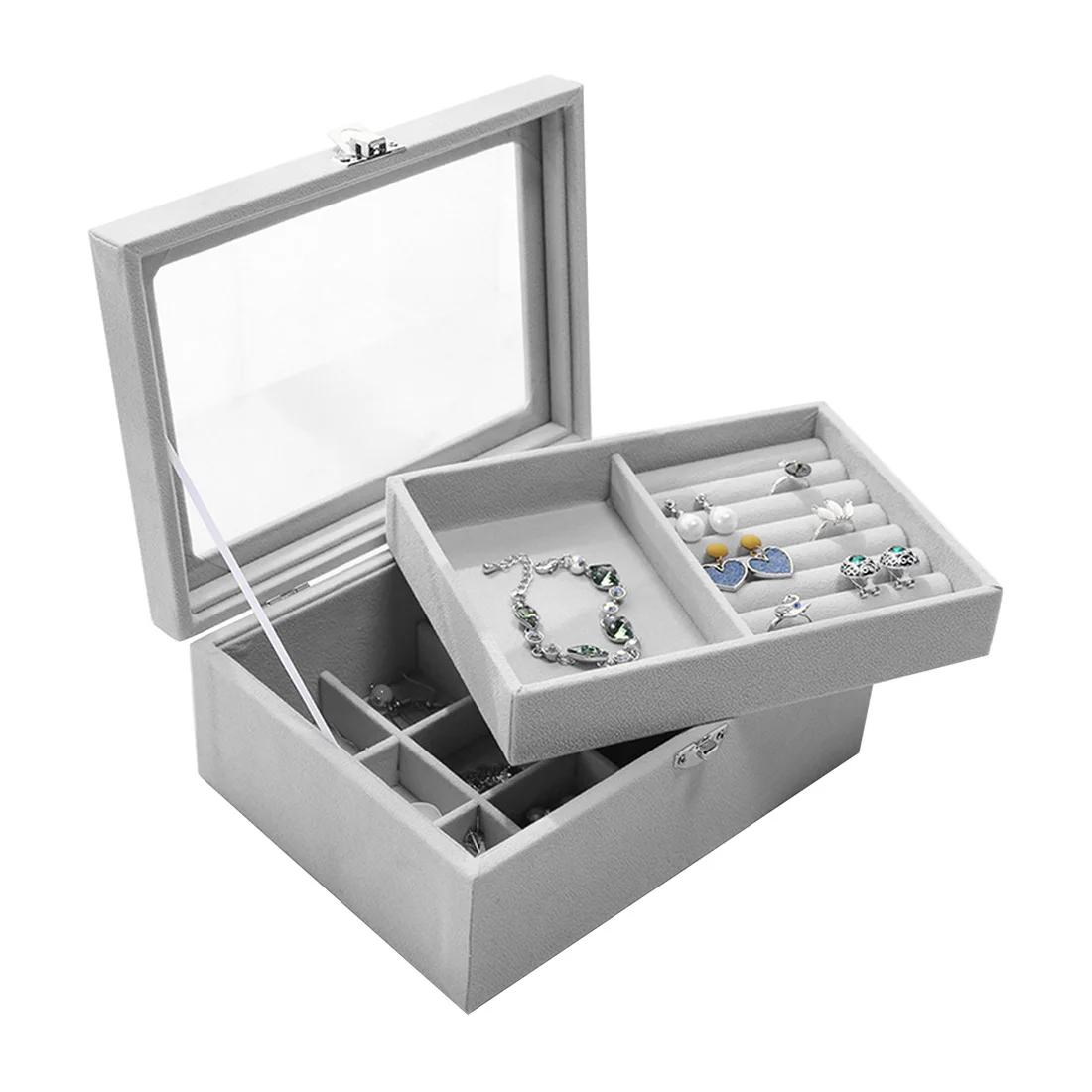 Ювелирный дисплей бархатный серый чехол с стеклянной крышкой Ювелирное кольцо Дисплей Коробка лоток держатель коробка для хранения