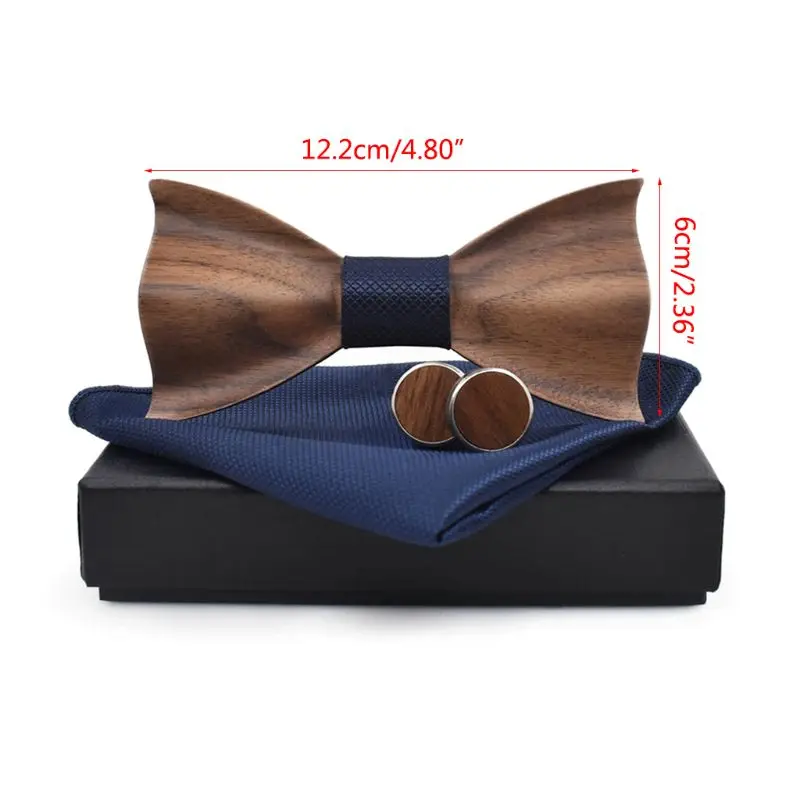 Классический 3D черный из орехового дерева бабочка платок запонки, Подарочная коробка Свадебная вечеринка 094B