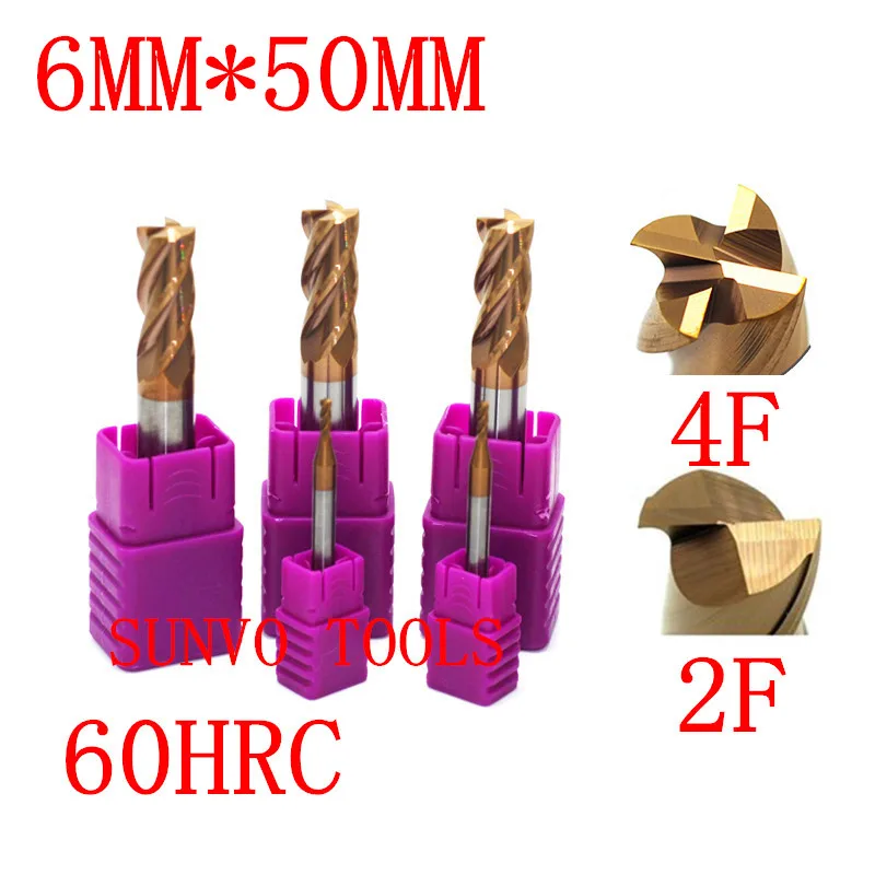 5PCS 4F 2 flutes HRC45 HRC55 HRC60 HRC65 D6x50MM Tungsten Carbide End Mill R3 ball end End Mill Aluminum milling cutter