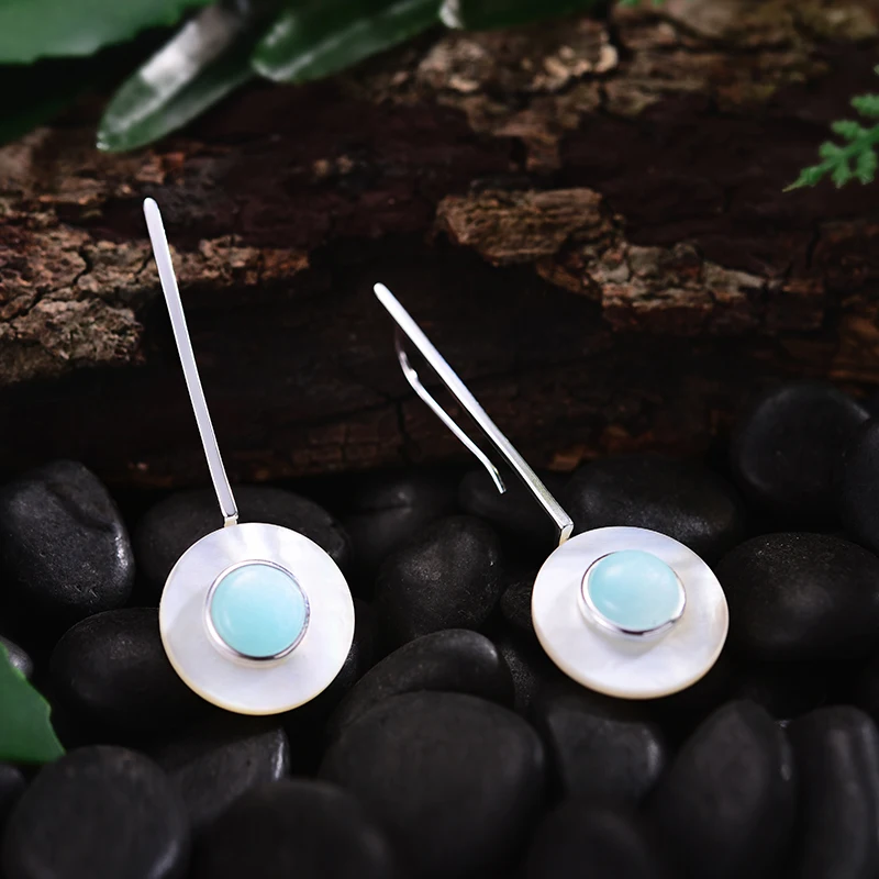 Lotus Fun 925 Sterling Silver Earrings for Women Round Amazonite Hook Drop Dangling Earring long earings fashion jewelry 2018