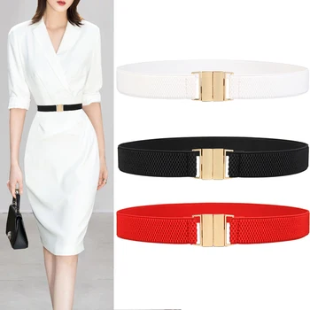 

Fashion Women's cummerbunds Wide Belt Red Elastic Solid Casual wedding Waist gold buckle Belts Stretchy Waistband for Lady Dress
