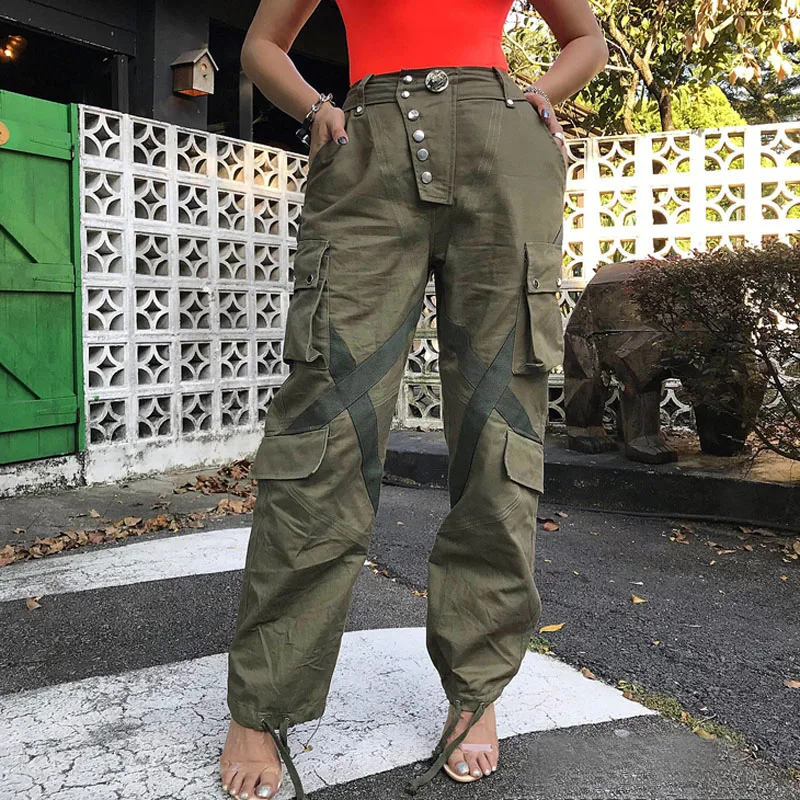 

Washed Ribbon Splicing Pocket Military Pants Drawstring Waist Casual Pants