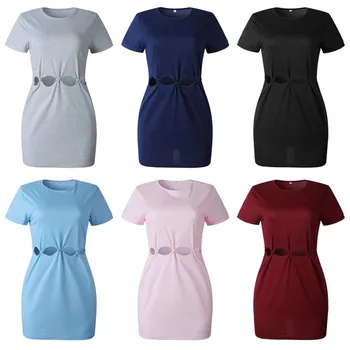 

2019 New Product Women Solid Color Round Neck Casual Short Sleeve Hollow out Sexy Dress