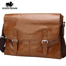 Bison denim crossbody bolsas hombres de cuero genuino garantía diseñador vintage hebilla cubierta de 14 pulgadas bolsas de mensajero para los hombres n2489-3v