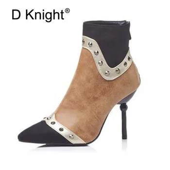 

Women Ankle Boots Large Size 32-48 Color Blok PU Leather High Boots Women Sexy Rivet Pointed Toe Heel Female Short Barrel Boots