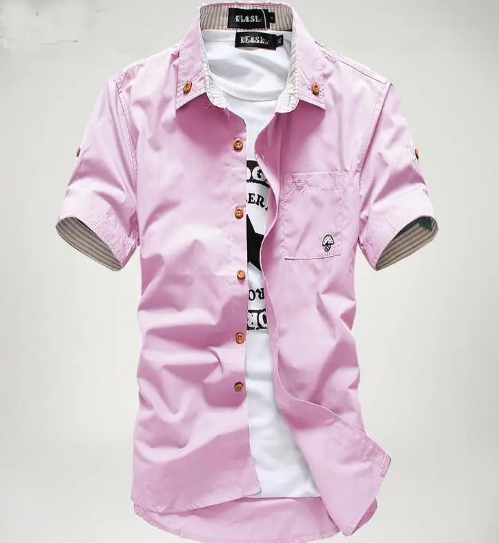Летние однотонные Цвет Для Мужчин's рубашка корейского стиля мужской Повседневное отложной воротник короткий рукав рубашки с карманом тонкий 543 - Цвет: pink