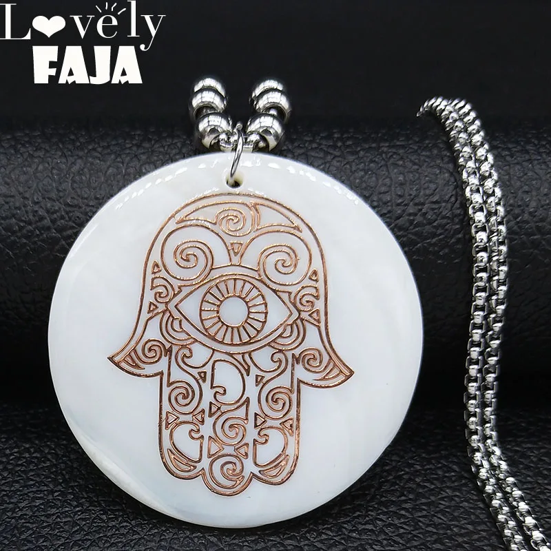 

2019 Fashion Hamsa Hand Shell Stainless Steel Necklace for Women Rose Gold Color Bead Long Necklace Jewelry gargantilla N19193