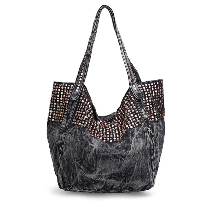 Новинка, Модные Винтажные однотонные джинсы с заклепками в стиле панк, джинсовые женские сумки, сумка на плечо, сумка-тоут carteira bolsa feminina