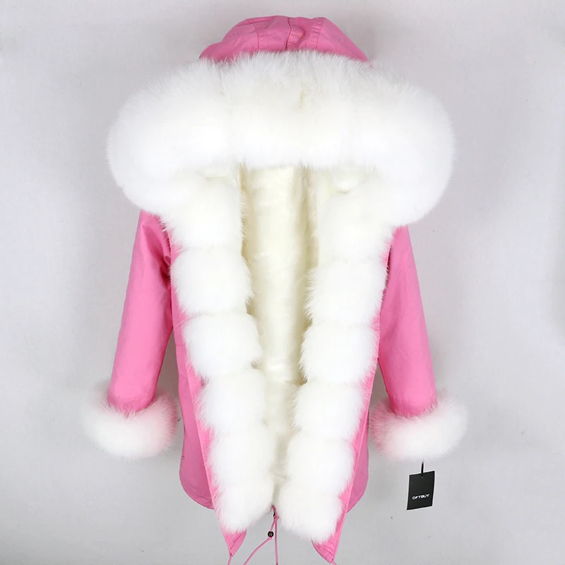 Brand Real Fur Coat Fashion Winter Jacket Women Natural Real Fox Fur Collar Loose Long Parkas Big Fur Outerwear Detachable - Цвет: pink white