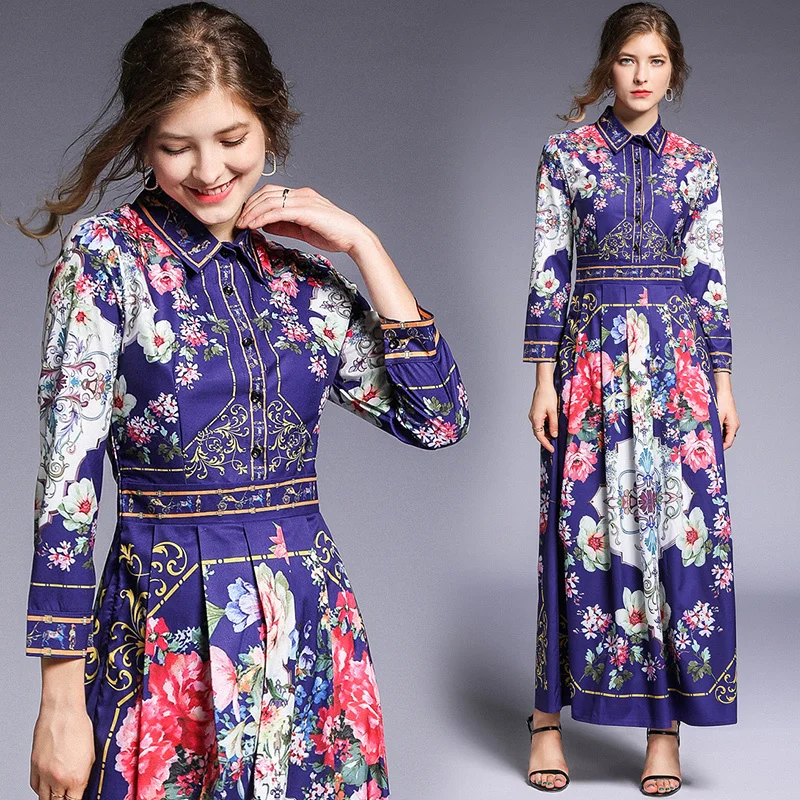 

2019 Spring Summer Fall Runway Vintage Floral Print Collar Long Sleeve Empire Waist Women Lady Party Casual A-Line Maxi Dress