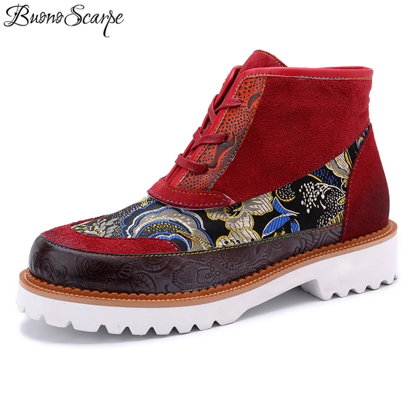 

Buono Scarpe Lace Up Platform Sneakers Shoes Winter Warm Short Plush Ankle Boots Patchwork Ethnic Sneakers Thick Sole Sneakers