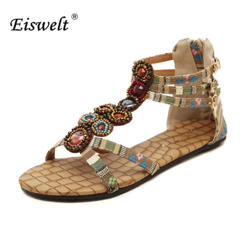 

EISWELT Summer Style Ethnic Women Sandals 2017 Casual Open Toe Bohemian Fashion Beading Pu Printed Casual Sandals Woman#LQ1