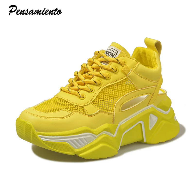 

2019 Summer Women Sneakers Breathable Air mesh Cut-out Wedges Chunky Sneakers Comfortable soft soles Fluorescent Casual Shoes