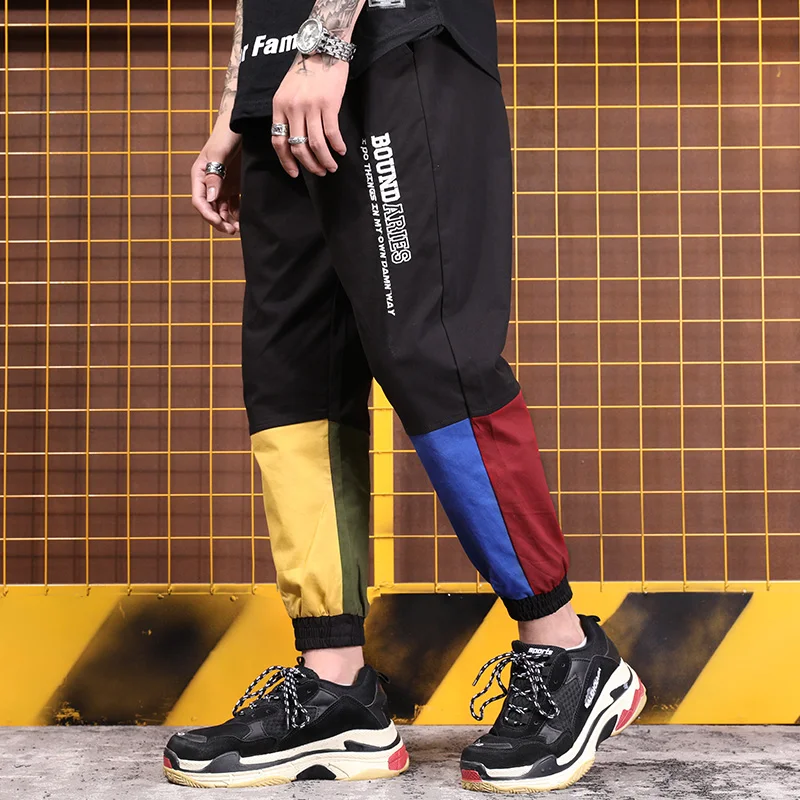 

Hip-hop, European and American street color collision splicing loose tide card, men's nine points trousers, hip h