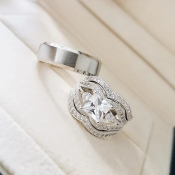 

Real 925 Sterling Silver 3pcs in 1 Couple Wedding Ring Set for Bridal Women and men Finger Gift Africa Fashion Jewelry R5255S