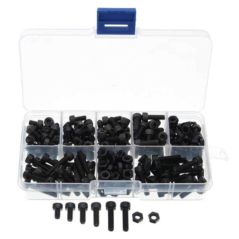 

250Pcs M4 6/8/10/12/16/20mm Carbon Steel Hex Socket Cap Head Screws Bolts M4 Nuts Assortment Kit