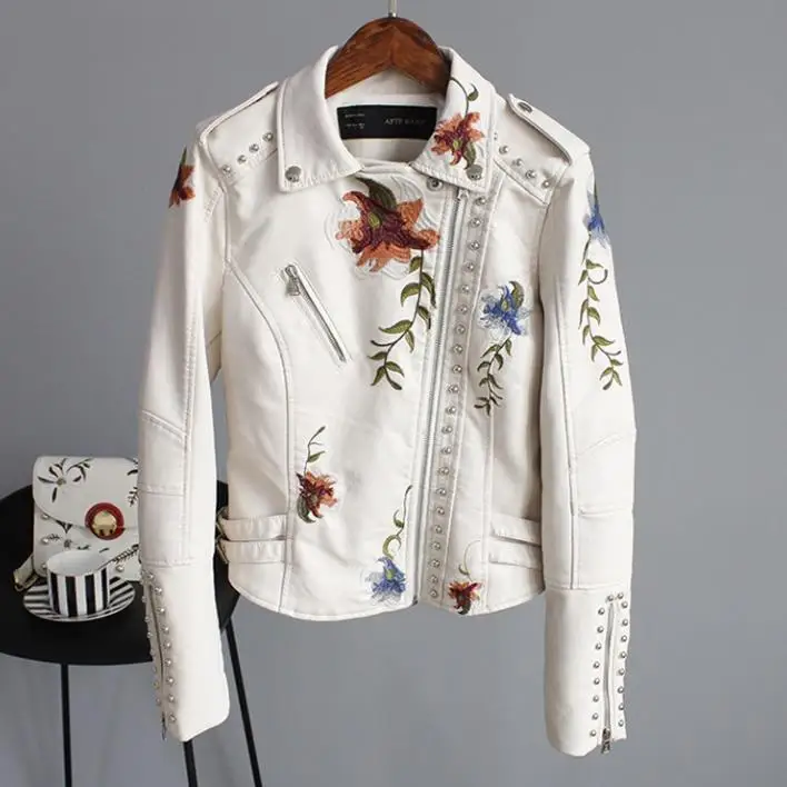

Punk Style pu Leather Jacket Women Embroidery Floral Faux Leather Jacket Pu Motorcycle Epaulet Zipper Outerwear