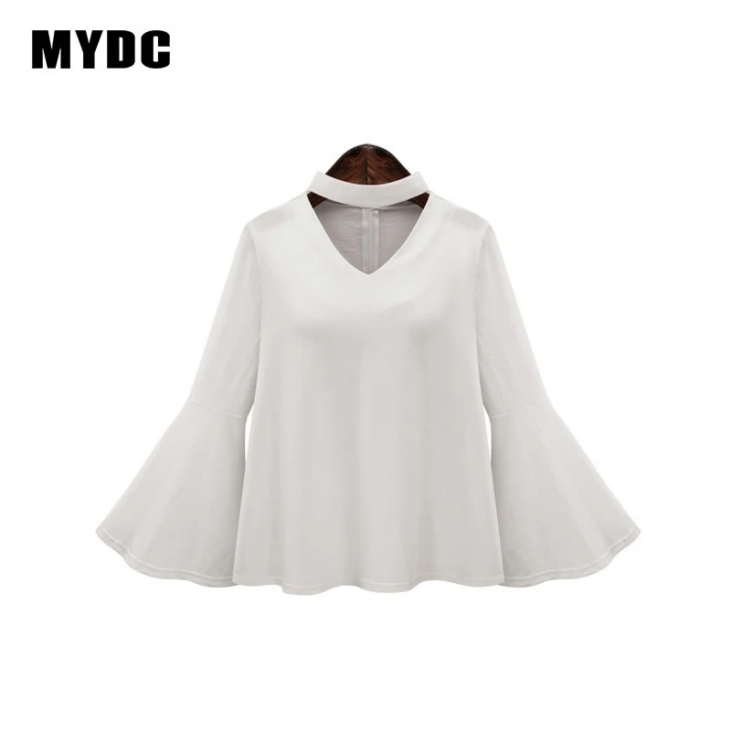 MYDC 2018 summer women solid v-neck loose plus size shirt flare sleeve ruffles chiffon XL-5XL tops casual |