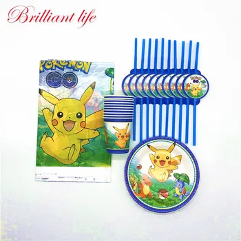 

31pcs Pokemon Go Cartoon Theme Boy Happy Birthday Party Pikachu Tableware Wedding Baby Shower Cup+Plate+Straw+Tablecloth Supply