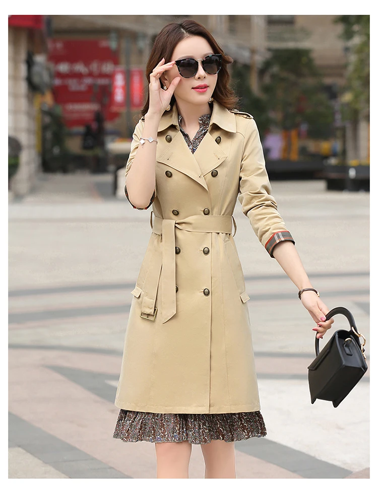 

2019 Spring New Women Soid Trench Coat Belt Double-Breasted High Quality Long Windbreaker Women'S Coat F147