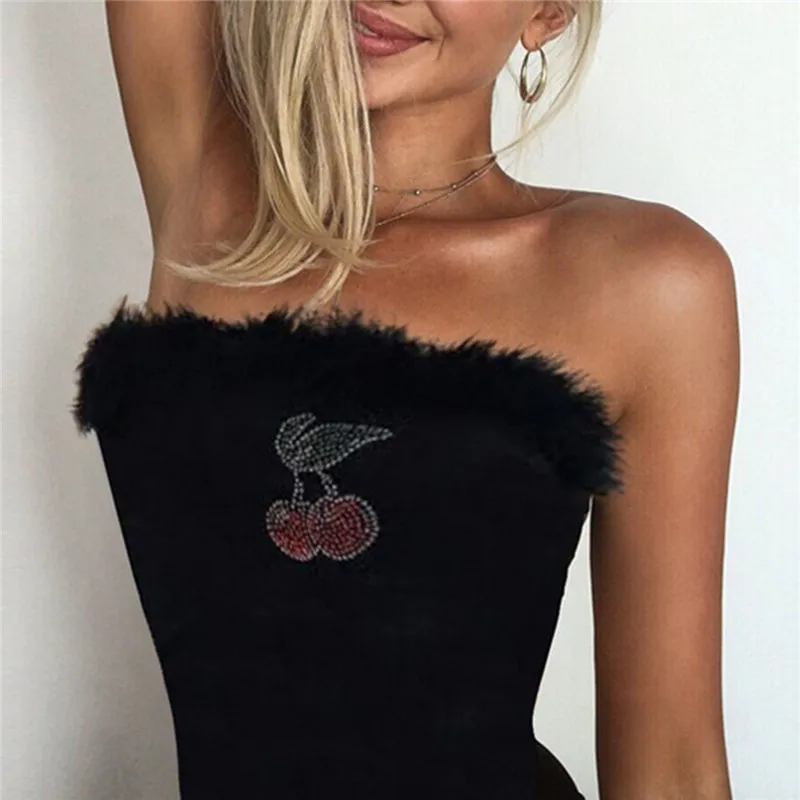 Women off shoulder Strapless Tube Tops slim feather Patchwork Crop Top Lady Black Cherry print Tube Top streetwear clubwear Tops Women off shoulder Strapless Tube Tops slim feather Patchwork Crop Top Lady Black Cherry print Tube Top streetwear clubwear Tops