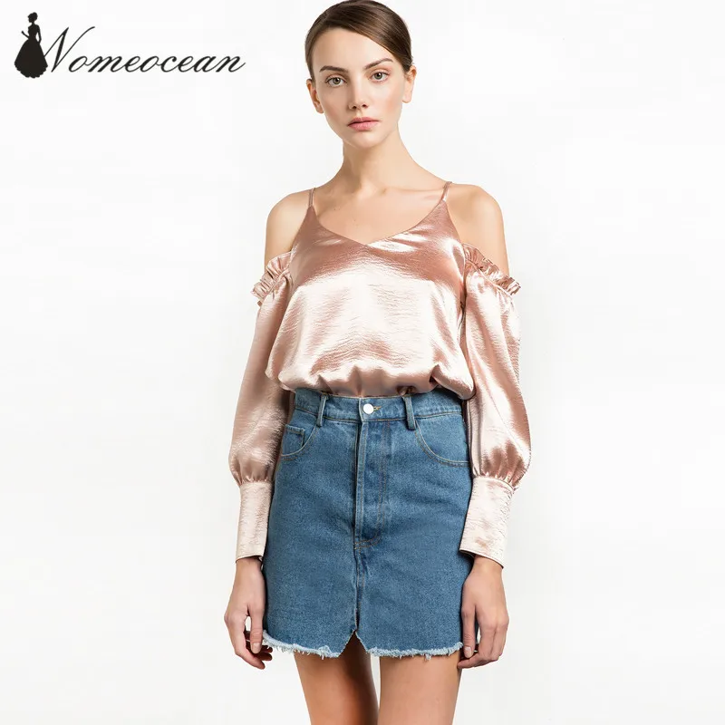 Metallic Color Women Shirts Cold Shoulder Cut Out OL