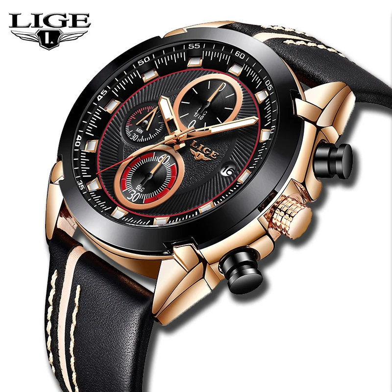 

LIGE Watch Men Casual Fashion Business Top Brand Luxury Quartz Wristwatch Man Leather Military Waterproof Sport Chronograph