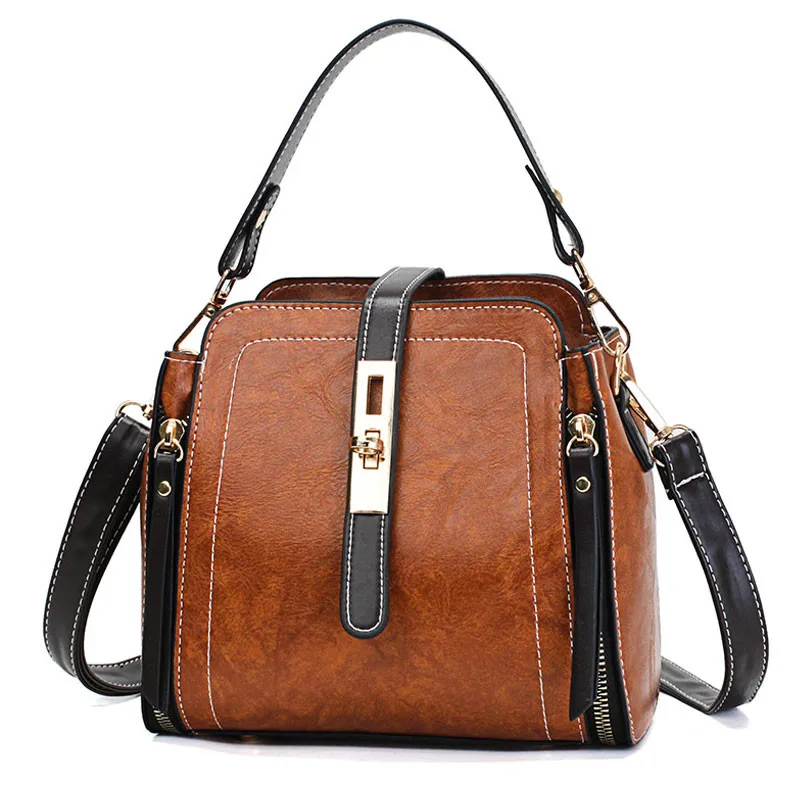 

Vintage Women Bucket Bag Oil Leather Handbags Patchwork PU Shoulder Bag Ladies Casual Small Flap Crossbody Messenger Bags Sac
