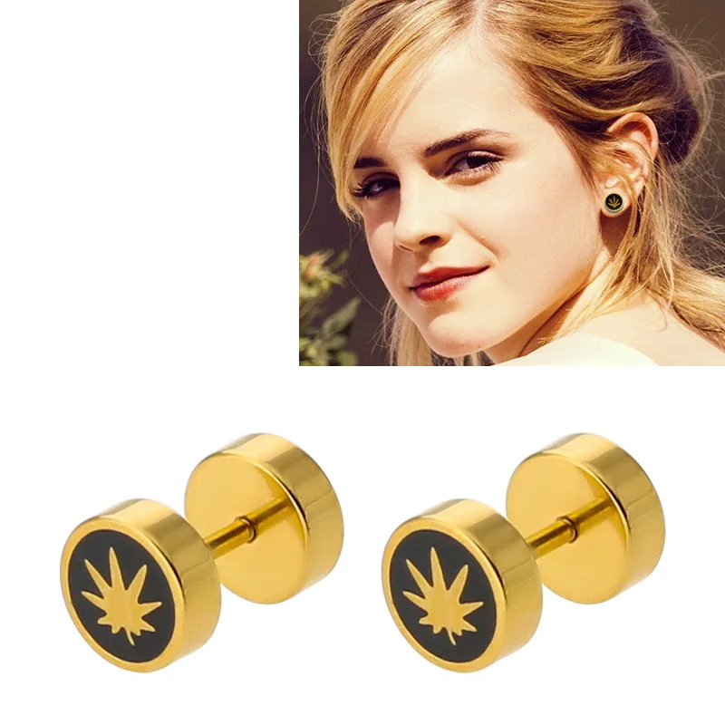 

Korean earring men gold Round maple leaf fashion jewelry barbell stainless steel earrings studs for women Accessories Wholesale