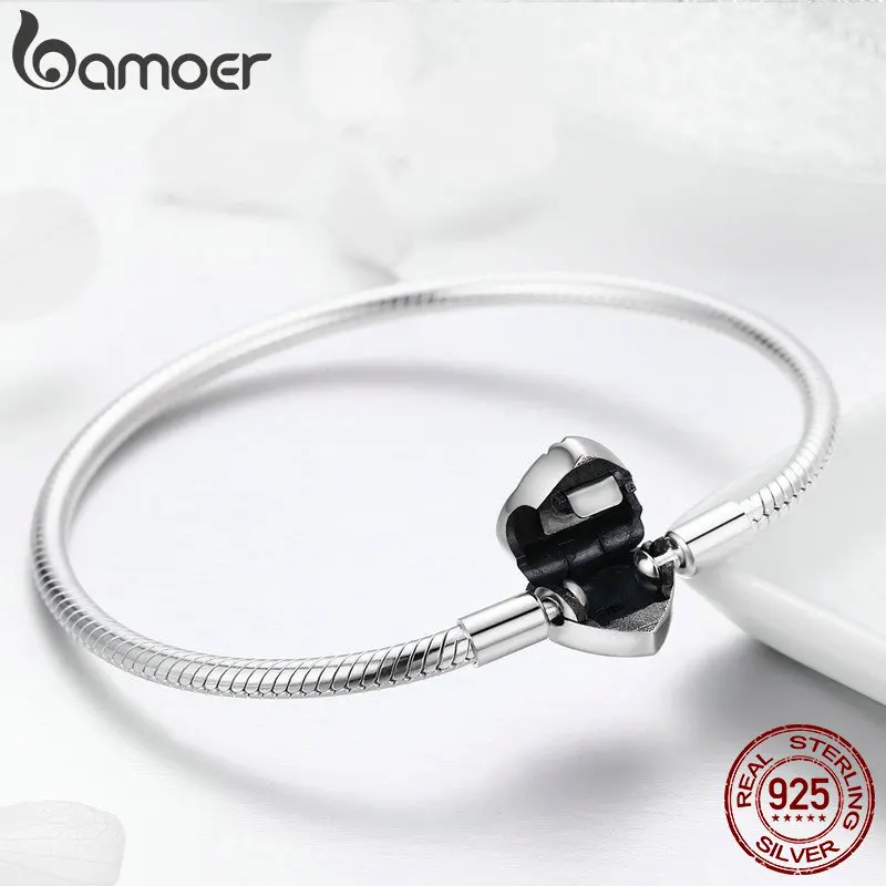 Baratos BAMOER 100% Plata de Ley 925 primavera Árbol de la vida forma de corazón cierre Cadena de serpiente pulsera de plata esterlina joyería S925 SCB066