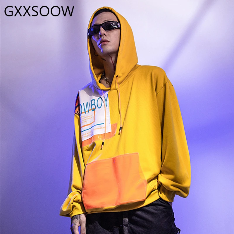 

Yellow Patchwork Hoodies Men Fashion Printed Harajuku Hooded Sweatshirts Hip Hop Casual Streetwear 2019 Autumn Male Tops MG198