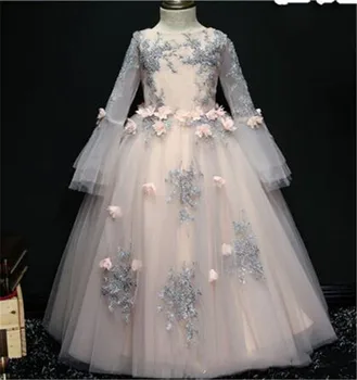 

High Quality Long Sleeves Applique Tulle Jewel Kids Formal Wear Flower Girl Dresses for Wedding Kids Pageant Party Gown