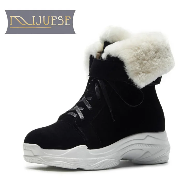 

MLJUESE 2019 women ankle boots Cow Suede lace up pink color winter warm fur plush strange style low heels women boots size 33-41