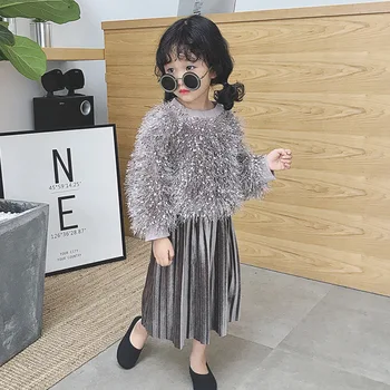 

Fashion Winter Set Girls Plus Velvet Thickening Set Solid Color Sweater +Pleated Skirt 2018 Winter New Children's Clothing