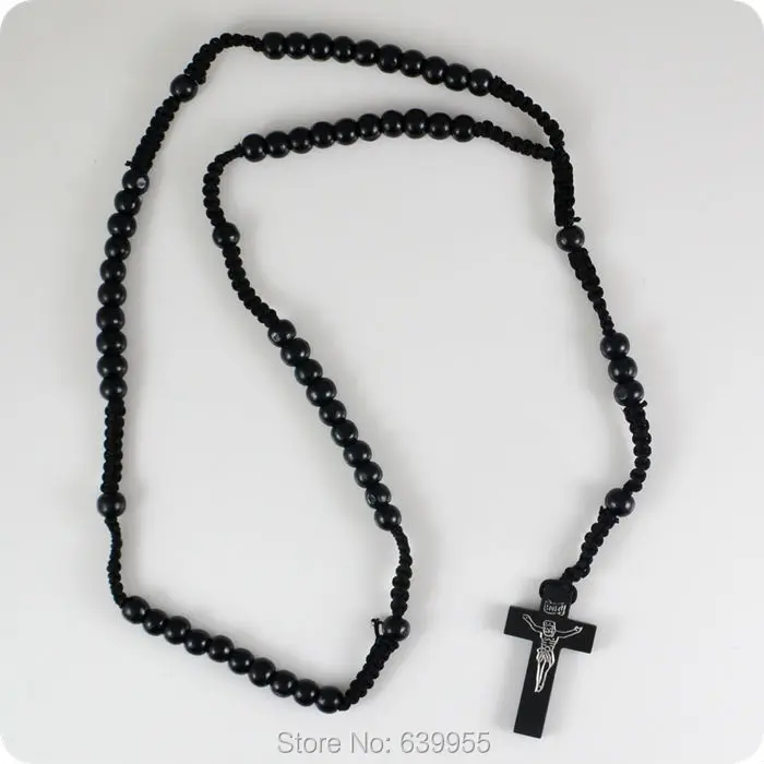 

Wood Rosary Beads INRI JESUS Cross Pendant Necklace Catholic Fashion Religious jewelry